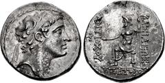 Greek SELEUKID EMPIRE. Antiochos V Eupator. 164-162 BC. AR Tetradrachm (29mm, 16.85 g, 12h). Antioch on the Orontes mint. Diademed head right / Zeus Nikephoros seated left; HP monogram to outer left. 