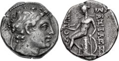 Greek SELEUKID EMPIRE. Posthumous Issues of Antiochos IV. 146/5 BC. AR Drachm (15.5mm, 3.82 g, 1h). Antioch on the Orontes mint. Diademed head right / Apollo Delphios, testing arrow in right hand, res