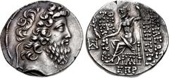 Greek SELEUKID EMPIRE. Demetrios II Nikator. Second reign, 129-125 BC. AR Tetradrachm (27mm, 16.55 g, 1h). Damaskos mint. Dated SE 185 (128/7 BC). Diademed head right within fillet border / Zeus Nikep