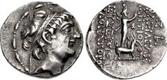 Greek SELEUKID EMPIRE. Antiochos X Eusebes Philopator. Circa 94-88 BC. AR Drachm (17.5mm, 3.90 g, 12h). Tarsos mint. Diademed head right within fillet border / Sandan standing right, wearing polos, bo