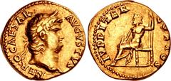 Roman Imperial Nero. AD 54-68. AV Aureus (18mm, 7.38 g, 6h). Rome mint. Struck circa AD 64-65. NERO CAESAR AVGVSTVS, laureate head right / IVPPITER CVSTOS, Jupiter seated left, holding thunderbolt in 