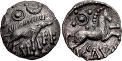 British CELTIC, Iceni. Ale Scavo. Early 1st century AD. AR Unit (8mm, 1.06 g, 7h). Boar standing right; above, pellet-in-annulet between two crescents; AL FE across lower field / Horse prancing right;