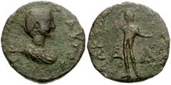 LAKONIA, Lakadaimonia (Sparta). Salonina. 253-268 AD. Æ 4 Assaria (22mm, 7.61 g, 1h). Diademed and draped bust right / Apollo Lykeios standing, facing, holding bow in left hand, and resting right hand