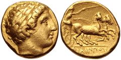 Greek KINGS of MACEDON. temp. Philip II – Alexander III. Circa 340/36-328 BC. AV Stater (16mm, 8.56 g, 2h). In the name and types of Philip II. Pella mint. Head of Apollo right, wearing laurel wreath 