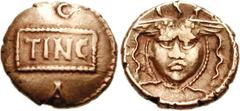 CELTIC, Britain. Atrebates & Regni. Tincommius. Circa 30-10 BC. AV Quarter Stater (1.20 g, 11h). Classical series. TINC on central tablet; C above, A below / Facing winged gorgoneion. Bean TIN3-3; Van