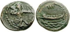 PHOENICIA, Sidon. Abdashtart I. Circa 365-352 BC. Æ 15mm (3.00 g, 11h). Dated RY 3 (362/1 BC). Phoenician pentekonter left on waves; date above / Persian king or hero in kneeling-running stance right,