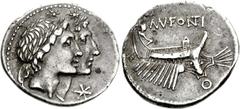 Mn. Fonteius. 108-107 BC. AR Denarius (3.95 g, 1h). Rome mint. Conjoined heads of Dioscuri right; mark of value below chins / Galley right with rostrum facing, gubernator at stern; O below. Crawford 3