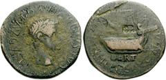 Tiberius. AD 14-37. Æ 24 mm (7.68 g, 10h). Ilercavonia-Dertosa mint in Spain. Laureate head right / Corbita under sail left; c/m: grain ear(?) left in incuse rectangle. For coin: RPC I 207; SNG Copenh