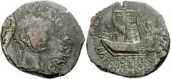 Tiberius. AD 14-37. Æ 24 mm (7.58 g, 10h). Ilercavonia-Dertosa mint in Spain. Laureate head right / Corbita under sail left; c/m: grain ear(?) left in incuse rectangle. For coin: RPC I 207; SNG Copenh