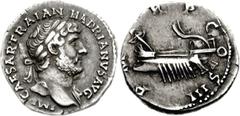 Hadrian. AD 117-138. AR Denarius (3.36 g, 6h). Struck circa AD 119-125. Laureate bust right, slight drapery on left shoulder / Galley left. RIC II 113; RSC 1174a. VF, toned. From the Alexandre de Barr