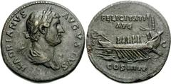 Hadrian. AD 117-138. Æ Sestertius (25.71 g, 11h). Struck circa AD 132-135. Laureate and draped bust right / Galley with five oarsmen left, hortator at stern. RIC II 706f; Banti 365. Good VF, black-gre