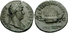 Hadrian. AD 117-138. Æ Dupondius (14.27 g, 11h). Struck circa AD 132-135. Laureate bust right, slight drapery on left shoulder / Galley with five oarsmen left, hortator at stern. RIC II 719e. VF, blac