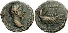 Marcus Aurelius. AD 161-180. Æ As (11.36 g, 12h). Struck AD 177. Laureate head right / Galley with four oarsmen right; at stern, Neptune standing right, foot on rock, holding trident and aplustre. RIC