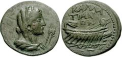 Time of Marcus Aurelius to Commodus. Circa AD 161-192. Æ 3 Assaria (6.78 g, 12h). Callatis mint in Moesia Inferior. Veiled bust of Demeter right, wearing stephane; to right, two grain ears / Galley ri