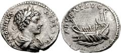 Caracalla. AD 198-217. AR Denarius (3.24 g, 12h). Struck AD 202. Laureate and draped bust right / Galley with five oarsmen left, hortator before the two Augusti and Geta at stern. RIC IV 120; RSC 3. V