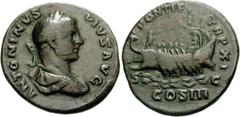 Caracalla. AD 198-217. Æ As (9.06 g, 1h). Struck AD 208. Laureate, draped, and cuirassed bust right / Galley with five oarsmen left, hortator at stern; at prow, figure standing right. RIC IV 437c. Fin