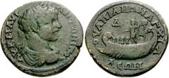 Caracalla. AD 198-217. Æ 4 Assaria (12.72 g, 1h). Anchialus mint in Thrace. Laureate, draped, and cuirassed bust right / Galley with four oarsmen left; at stern, Caracalla standing left, holding [glob