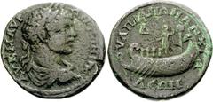 Caracalla. AD 198-217. Æ 4 Assaria (12.72 g, 1h). Anchialus mint in Thrace. Laureate, draped, and cuirassed bust right / Galley with four oarsmen left; at stern, Caracalla standing left, holding [glob
