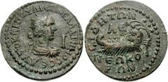 Gallienus. AD 253-268. Æ 10 Assaria (17.67 g, 1h). Side mint in Pamphylia. Radiate, draped, and cuirassed bust right, set on eagle standing right with wings displayed; I to right / Galley with four oa
