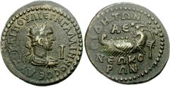 Gallienus. AD 253-268. Æ 10 Assaria (18.07 g, 12h). Side mint in Pamphylia. Radiate, draped, and cuirassed bust right, set on eagle standing right with wings displayed; I to right / Galley with four o
