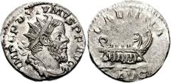 Postumus. Romano-Gallic Emperor, AD 260-269. AR Antoninianus (4.84 g, 1h). Mint I (Trier). 1st emission, AD 260-261. Radiate, draped, and cuirassed bust right / Galley with four oarsmen left, hortator