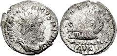 Postumus. Romano-Gallic Emperor, AD 260-269. AR Antoninianus (3.55 g, 1h). Mint I (Trier). 1st emission, AD 260-261. Radiate, draped, and cuirassed bust right / Galley with four oarsmen left, hortator