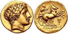 Greek KINGS of MACEDON. temp. Philip III – Kassander. Circa 323/2-315 BC. AV Stater (18mm, 8.43 g, 11h). In the name and types of Philip II. Amphipolis mint(?). Laureate head of Apollo right / Chariot