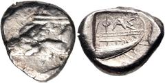 Greek LYCIA, Phaselis. Circa 500-440 BC. AR Stater (18.9mm, 10.77 g, 3h). Prow of galley left in the form of a forepart of a boar / Stern of galley right within incuse square. Heipp-Tamer Series 4, Em