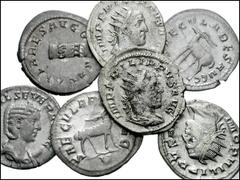ROMAN. Imperial. Lot of seven Philip I and Otacilia Severa Millennial AR Antoniniani. Philip I: Lion walking right. RIC IV 12. // Cippus. RIC IV 24c. // Stag walking right. RIC IV 19. // She-wolf stan