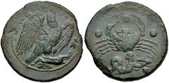Greek SICILY, Akragas. Circa 416-406 BC. Æ Hemilitron (28.6mm, 19.35 g, 1h). Eagle standing right, head raised, wings spread, on hare; cicada to right / Crab; below, triton right, blowing conch; six p