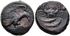 Greek SICILY, Akragas. Circa 416-406 BC. Æ Hexas (18mm, 7.89 g, 1h). Eagle standing right on [pig] / Crab; two pellets (mark of value) flanking, two fish below. Westermark, Coinage 940 (P.O3/P.R6); CN