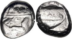 Greek LYCIA, Phaselis. Circa 500-440 BC. AR Stater (16mm, 11.05 g, 12h). Prow of galley left in the form of a forepart of a boar / Stern of galley right within incuse square. Heipp-Tamer Series 4, Emi