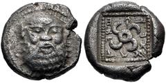 Greek DYNASTS of LYCIA. Teththiweibi. Circa 450-430/20 BC. AR Tetrobol (12mm, 2.75 g, 12h). Facing head of Silenos / Tetraskeles; TEThIWEIB in retrogade Lycian around; all in dotted square within incu
