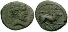 CELTIC, Britain. Trinovantes & Catuvellauni. Cunobelin. Circa AD 10-43. Æ Unit (16mm, 2.13 g). CVNOB, head of Jupiter-Ammon right / Lion reclining right on basis marked CAM, tree behind. Hobbs 1991; V