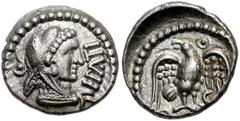 CELTIC, Britain. Trinovantes & Catuvellauni. Epaticcus. Circa AD 35-43. AR Unit (13mm, 1.25 g). Head of Hercules right, wearing lion skin headdress; pellet in hook behind / Eagle standing facing, head