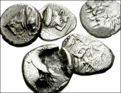 GREEK. Asia Minor. Lot of five Carian AR Fractions. Caria, Uncertain. AR (Milesian) Hemiobol (0.45 g, 8mm). Foreparts of two bulls confronted, their horns intertwined / Incuse square. Kayan 971 // Sam