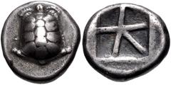 Greek ISLANDS off ATTICA, Aegina. Circa 456/45-431 BC. AR Stater (19.5mm, 12.04 g, 3h). Land tortoise with segmented shell / Large square incuse with skew pattern. Meadows, Aegina, Group IIIb; HGC 6, 