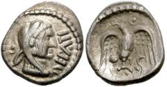 CELTIC, Britain. Trinovantes & Catuvellauni. Epaticcus. Circa AD 35-43. AR Unit (13mm, 1.27 g). Head of Hercules right, wearing lion skin headdress; pellet in hook behind / Eagle standing facing, head