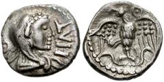CELTIC BRITAIN, Trinovantes & Catuvellauni. Epaticcus. Circa AD 35-43. AR Unit (13mm, 1.29 g). Head of Hercules right, wearing lion skin headdress; pellet in hook behind / Eagle standing facing, head 