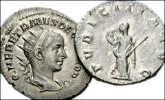 ROMAN. Lot of Two 3rd Century AR Antoniniani. Inludes the following: Herennia Etruscilla. Pudicitia standing left. RIC IV 58b; RSC 17 // Herennius Etruscus, as Caesar. Herennius standing left, holding