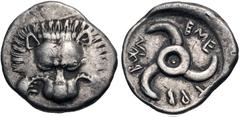 Greek DYNASTS of LYCIA. Trbbenimi. Circa 390-375 BC. AR Sixth Stater (13.5mm, 1.46 g). Wedrei mint. Facing lion scalp / Triskeles. Cf. Müseler VIII, 25–7 (third staters); cf. SNG von Aulock 4215 (same