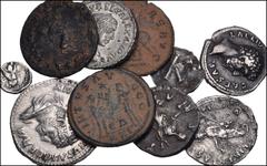 Large Lots MIXED. Greek to Byzantine. Lot of ten (10) AR and BI denominations. Includes: Sixteenth shekel of Tyre // AR Rome mint denarius each of Nerva, Aelius Caesar, Faustina Junior, and an eastern