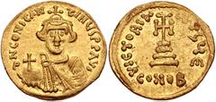 Byzantine Constans II. 641-668. AV Solidus (20mm, 4.27 g, 6h). Constantinople mint, 5th officina. Struck 641-646/7. Crowned and draped bust facing, holding globus cruciger / Cross potent set on three 