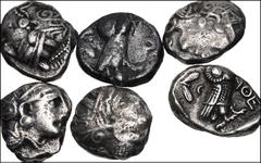 Large Lots GREEK. Central & Southern Greece. Lot of 6 (six) Athens AR tetradrachms. Includes: Five (5) pi-style tetradrachms (c. 353-294 BC) and one (1) imitation of classical period (c. 454-404 BC) t