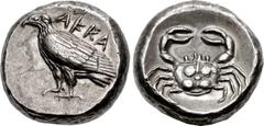 Greek SICILY, Akragas. Circa 510-470 BC. AR Didrachm (16.5mm, 7.75 g, 11h). Sea eagle standing left; AKRA above / Crab within incuse circle. Westermark, Coinage, Period I, Group II, 141 (O57/R87); Jen
