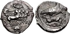 Greek SICILY, Akragas. Circa 410-406 BC. AR Tetradrachm (28.5mm, 17.14 g, 7h). Charioteer, holding reins in both hands, driving fast quadriga right; above, Nike flying left, crowning her with laurel w