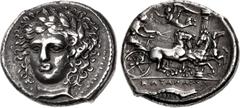 Greek SICILY, Katane. Circa 405-403/2 BC. AR Tetradrachm (27mm, 17.18 g, 12h). Obverse die signed by Herakleidas. Head of Apollo facing slightly left, wearing laurel wreath; HPAKΛEIΔAΣ to right / Char