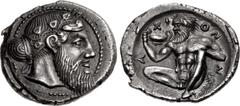 Greek SICILY, Naxos. Circa 461-430 BC. AR Drachm (19mm, 4.32 g, 7h). Bearded head of Dionysos right, wearing tainia decorated with an ivy branch / Silenos, nude and bearded, squatting half-left, holdi