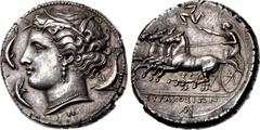 Greek SICILY, Syracuse. Agathokles. 317-289 BC. AR Tetradrachm (25.5mm, 17.15 g, 12h). Struck circa 317-310 BC. Head of Arethousa left, wearing wreath of grain ears, triple-pendant earring, and pearl 