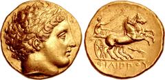 Greek KINGS of MACEDON. temp. Philip II – Alexander III. Circa 340/36-328 BC. AV Stater (18mm, 8.54 g, 11h). In the name and types of Philip II. Pella mint. Head of Apollo right, wearing laurel wreath